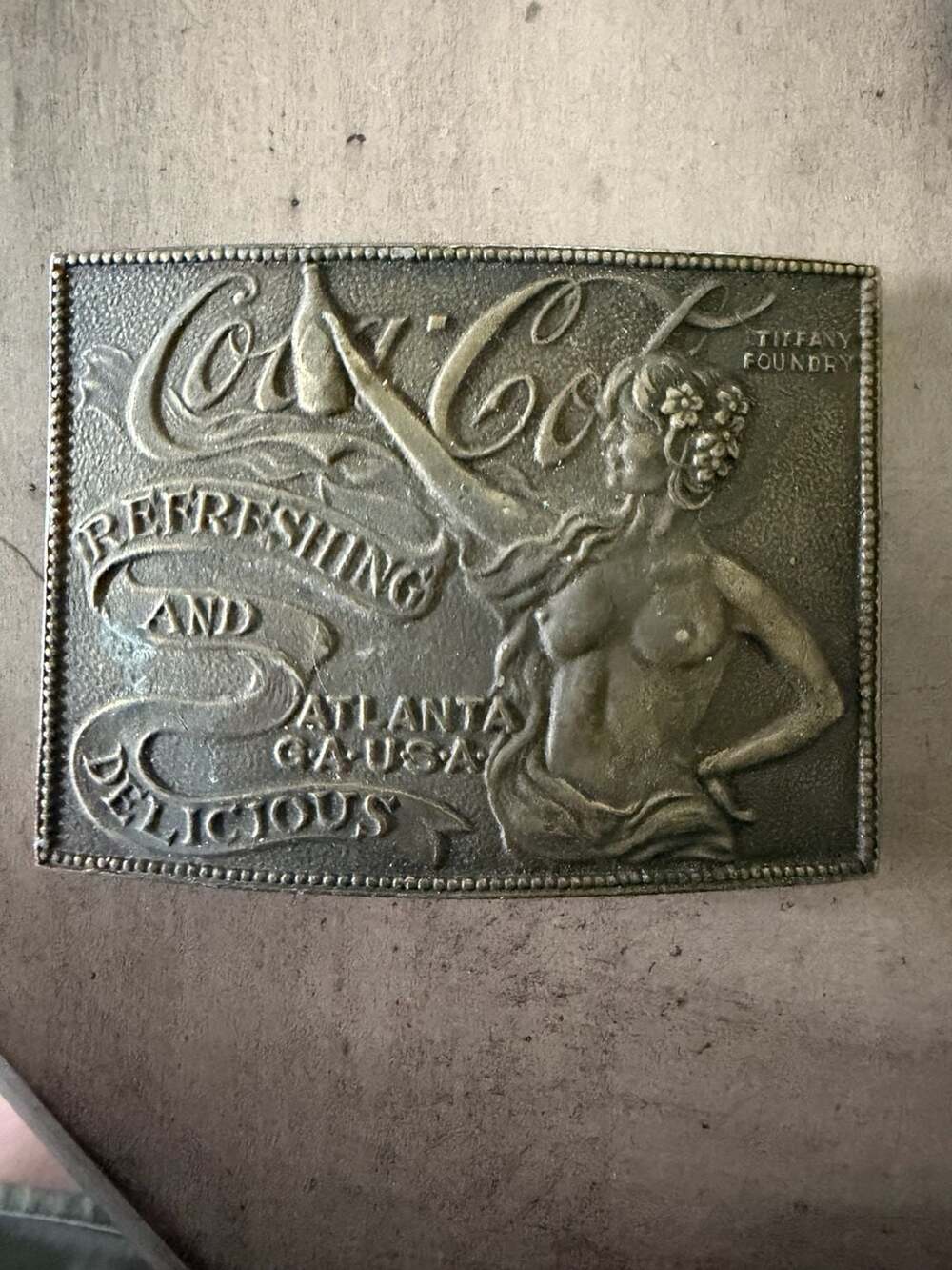 Vintage Tiffany Foundry Coca-Cola 'Refreshing and Delicious' Brass Belt Buckle